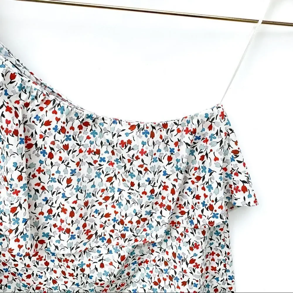 Zara White Floral Ruffle One Shoulder Blouse